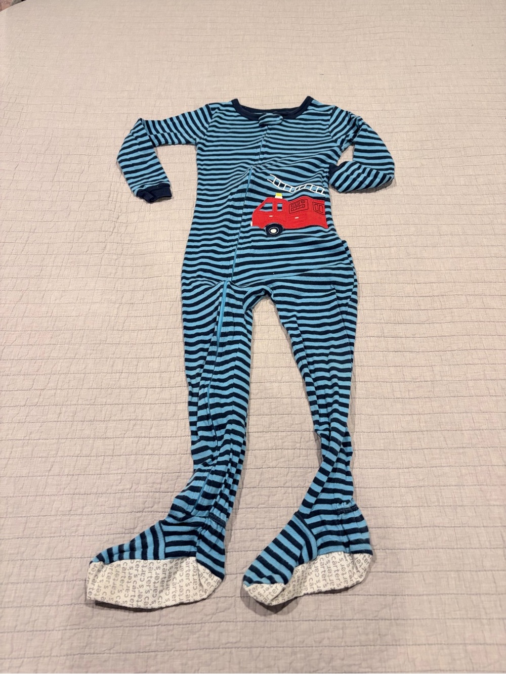 Carter's Blue and Navy Striped Fire Truck Footed One-Piece